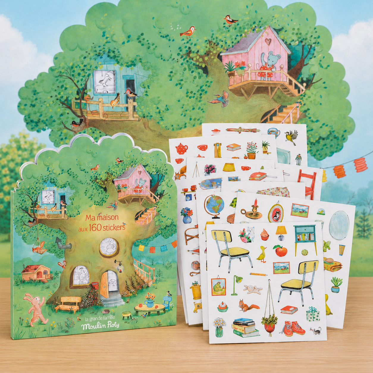 A children's book and matching sticker sheets featuring whimsical treehouse illustrations. The book cover shows a colorful treehouse scene with the title 'Ma maison et 160 crèches' and the brand 'Maison Rolly' at the bottom.