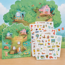 A children's book and matching sticker sheets featuring whimsical treehouse illustrations. The book cover shows a colorful treehouse scene with the title 'Ma maison et 160 crèches' and the brand 'Maison Rolly' at the bottom.