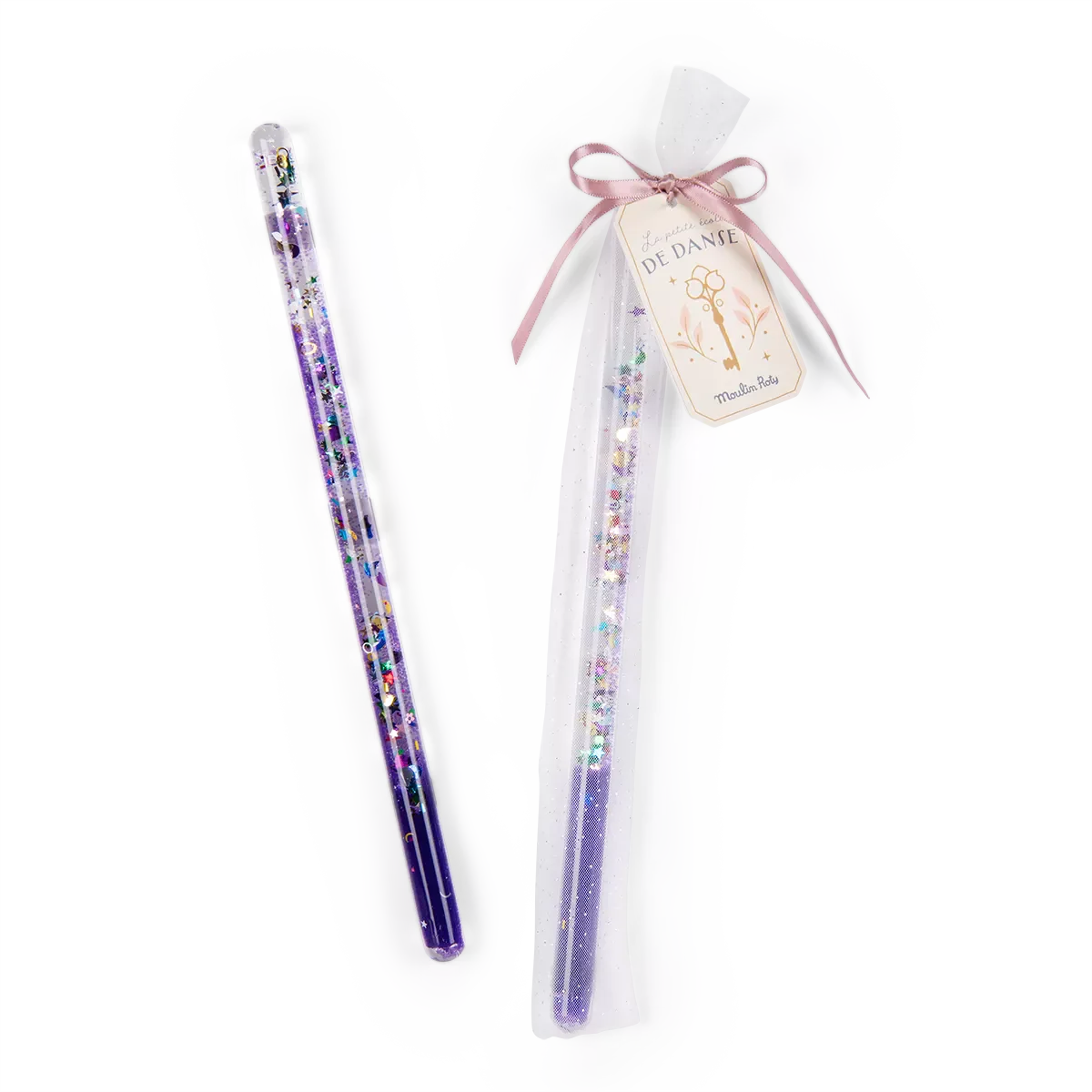 Giltter magic wand toy with a clear tulle bag and ribbon on a white background