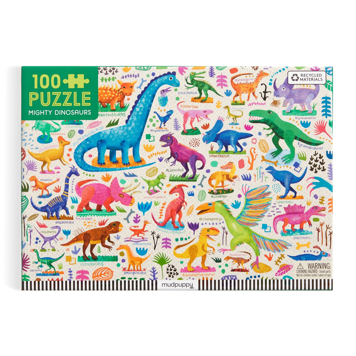 Mighty Dinosaurs puzzle scene with labelled dinosaurs