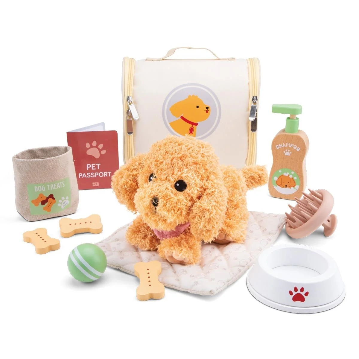 Collection of dog-themed products including a plush toy, bag, and accessories on a white background.