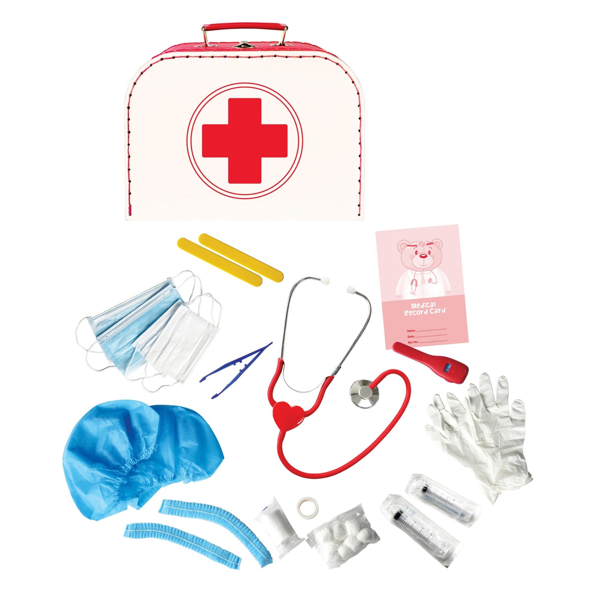 Children's medical kit with various accessories on a white background