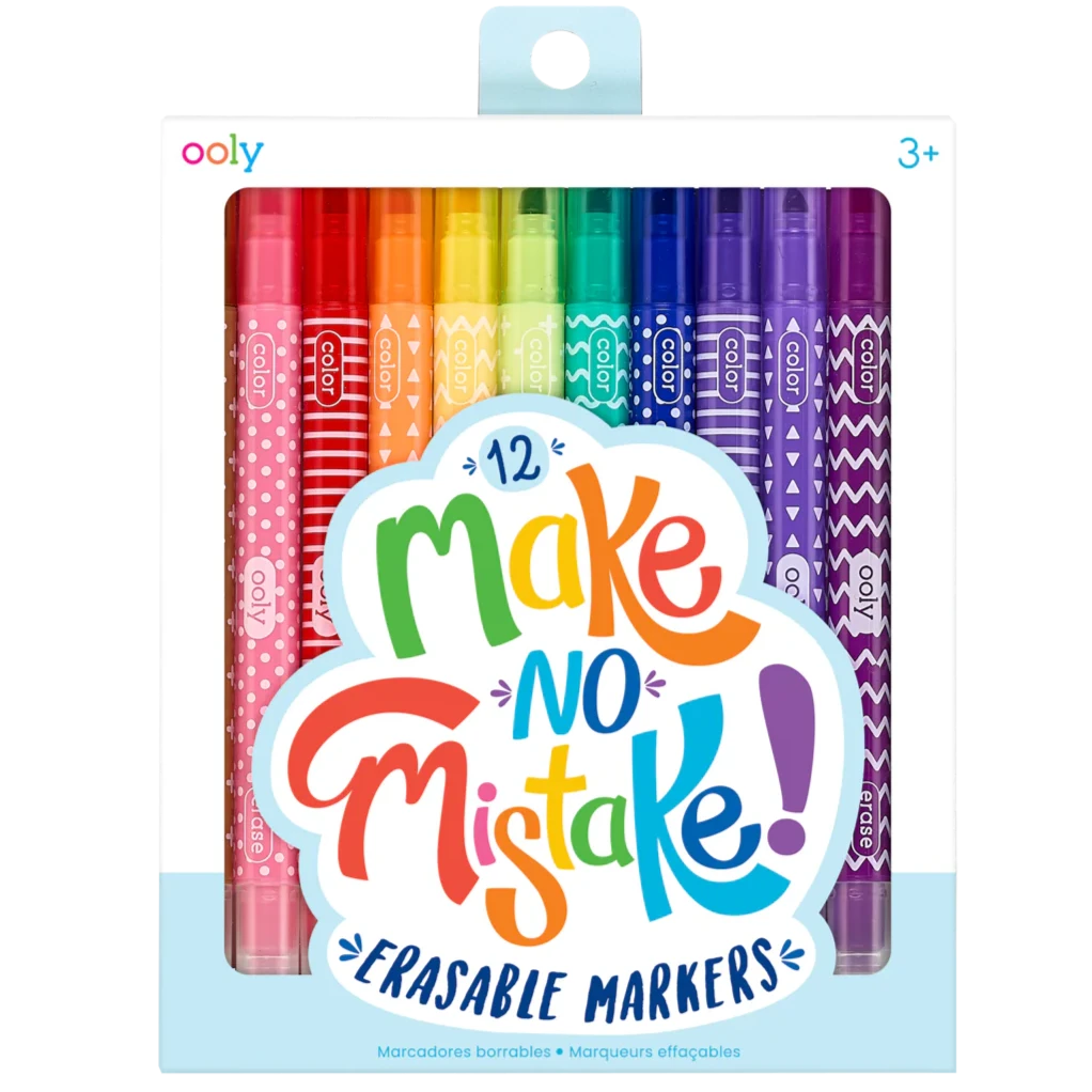 A pack of Ooly Erasable Markers with 12 colorful markers, featuring a dual-ended design for erasing and correcting mistakes.