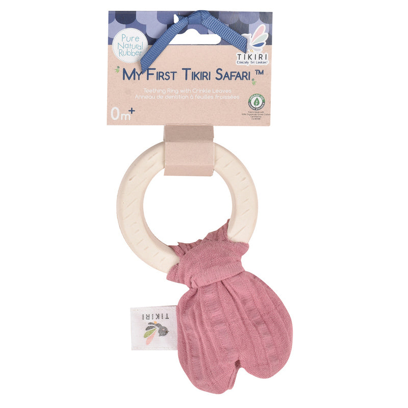 Rose Pink muslin baby teether with natural rubber rind- Tikiri Toys at Send A Toy