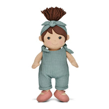 Soft organic cotton doll in teal, with removable clothes, embroidered facial features, and a headband.