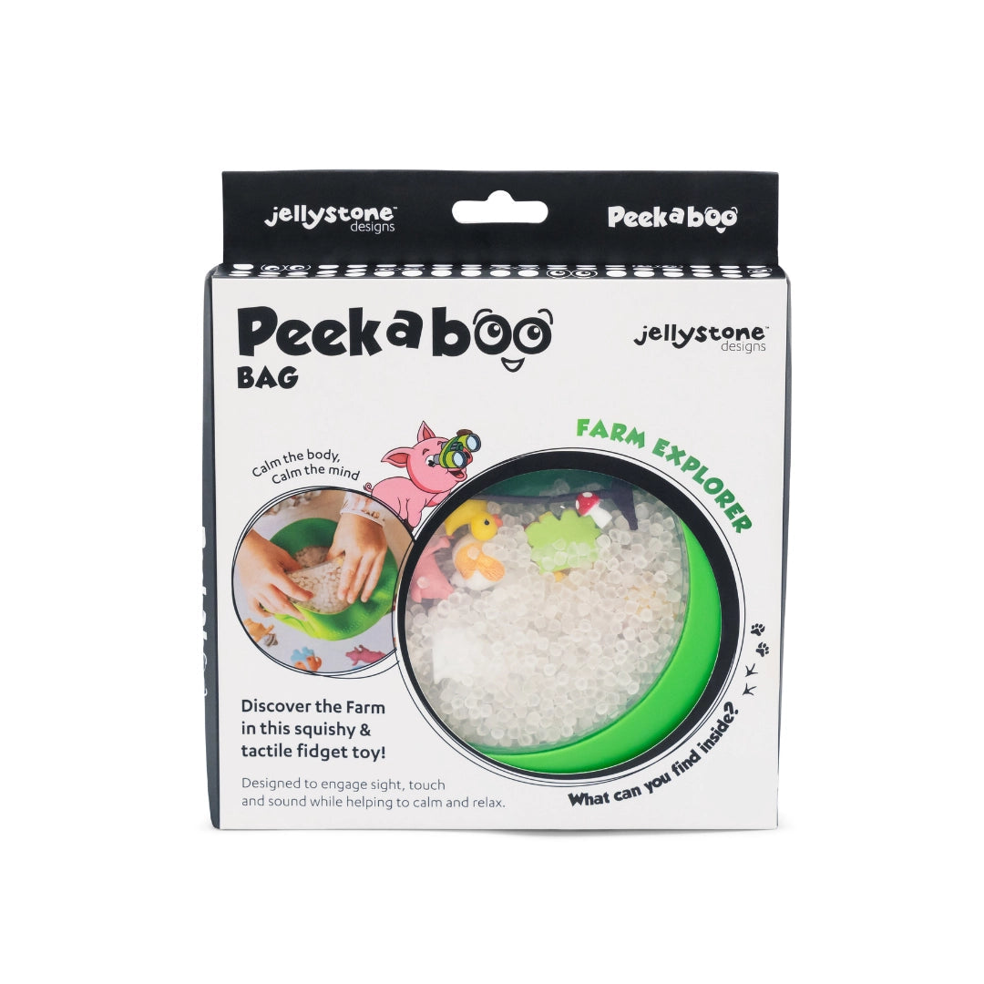 Packaging of a fidget toy labeled 'Peekaboo' with illustrations of farm animals on a white background.