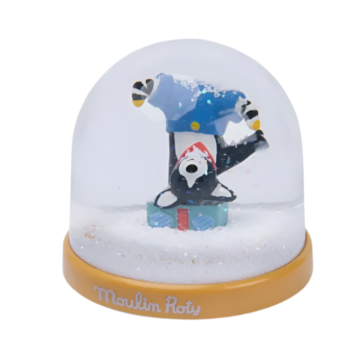 upside down dog character with suitcase, inside a snow globe with saffron colour base