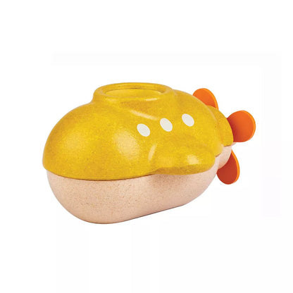 Yellow wooden submarine bath toy with orange rubber propeller,  Plantoy brand