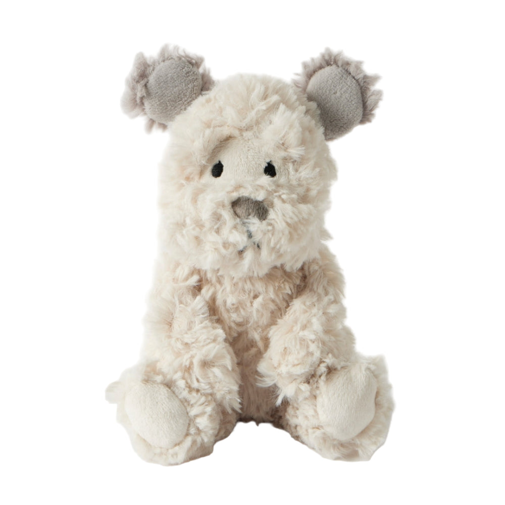 Plush toy dog with gray ears on a white background