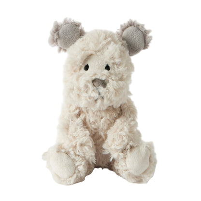 Plush toy dog with gray ears on a white background