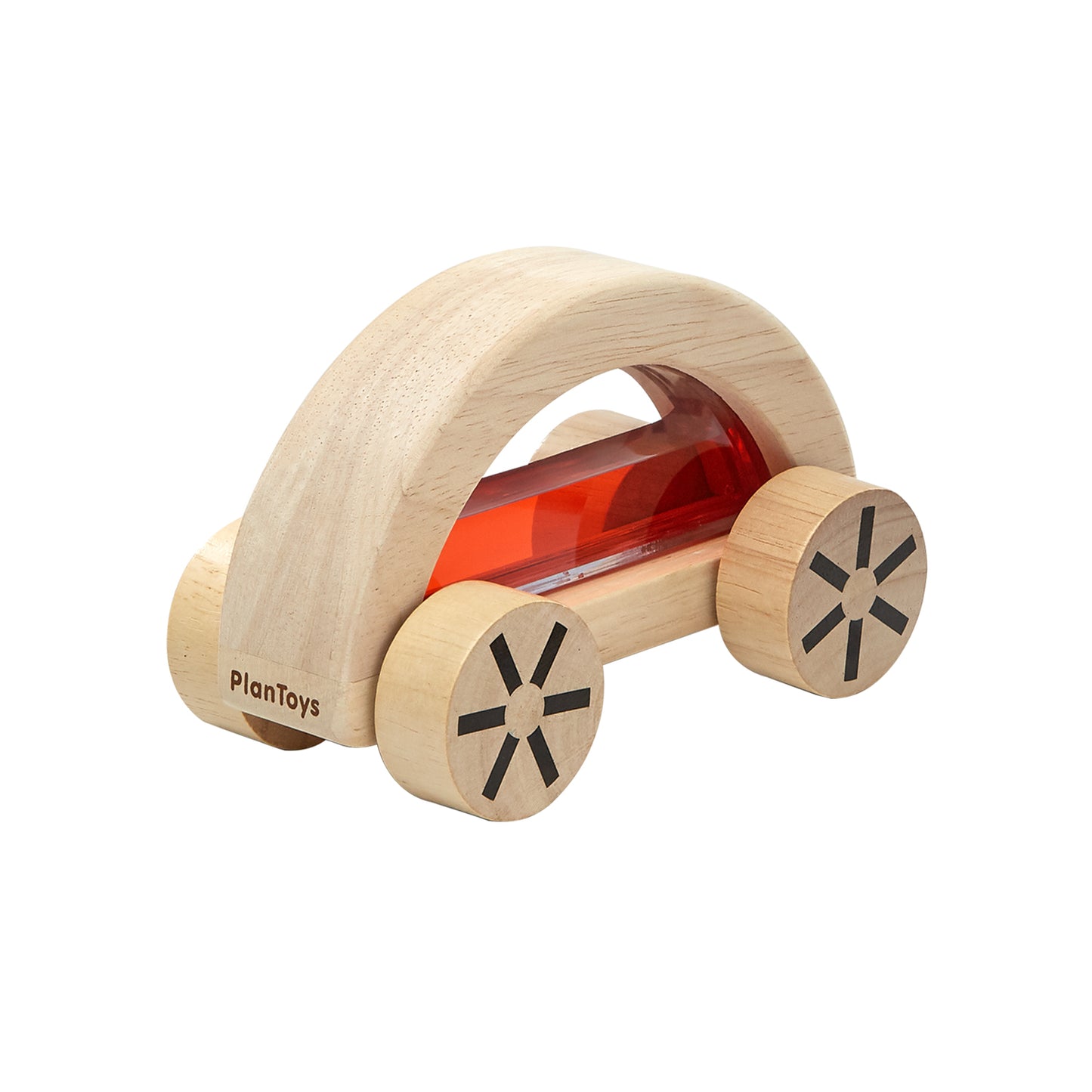 Natural wood car shaped toy with large wooden wheels, filled with light red water suspended behind clear plastic windows 