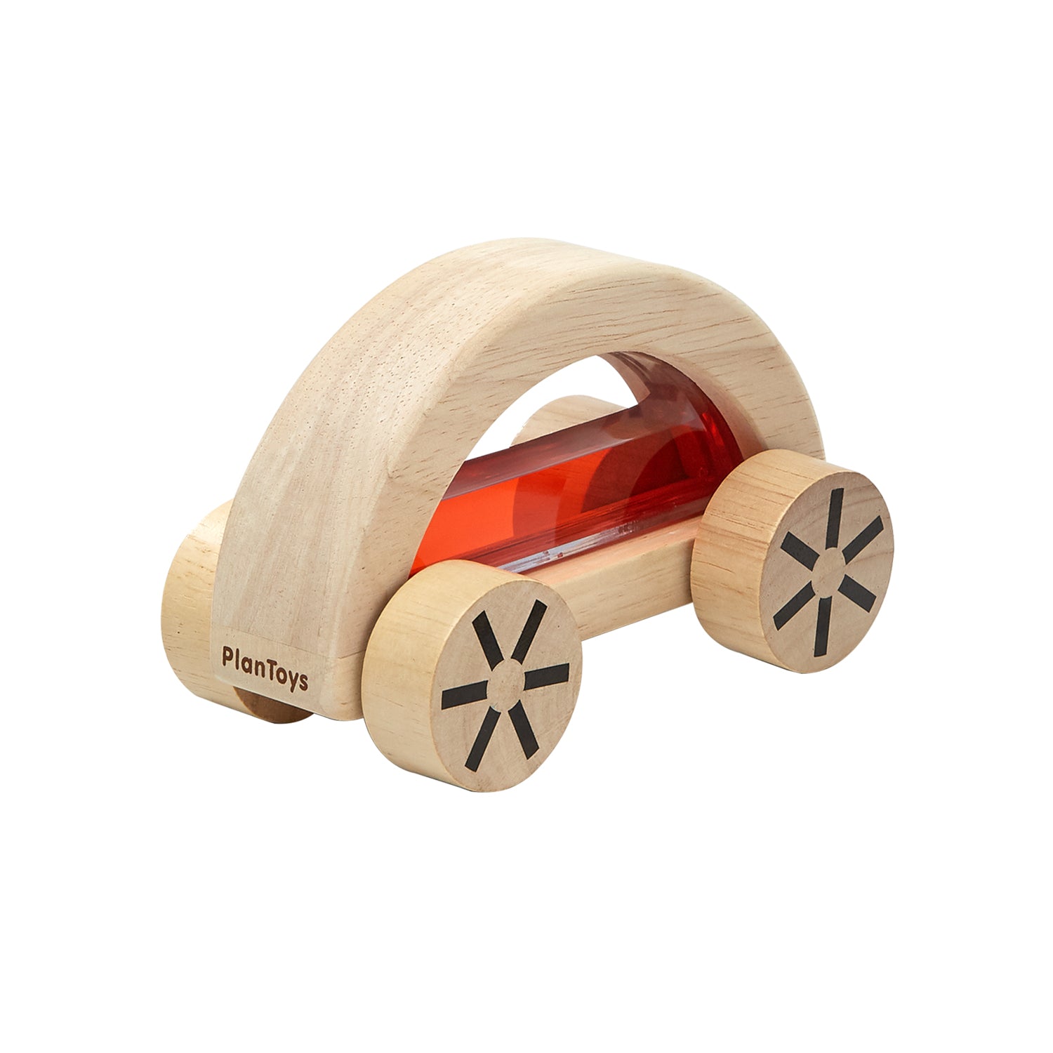 Natural wood car shaped toy with large wooden wheels, filled with light red water suspended behind clear plastic windows 