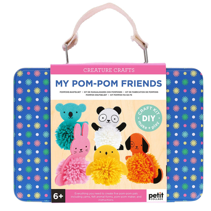 Pom-pom friends craft kit in small blue metal suitcase - Petit Collage at Send A Toy
