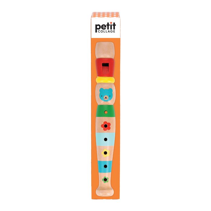 A cardboard retail box printed with a picture of a wooden recorder toy with animal face details and various holes for sound production.