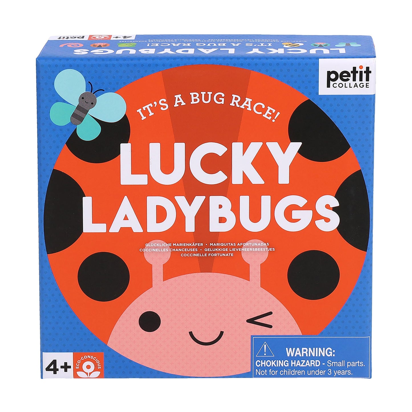 A boxed board game called Lucky Ladybugs featuring illustrations of ladybugs, a flower, and a die on the cover, indicating it is a game about moving ladybug pieces on a board towards a flower.