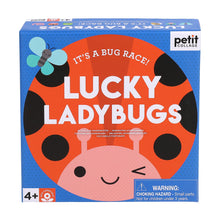 A boxed board game called Lucky Ladybugs featuring illustrations of ladybugs, a flower, and a die on the cover, indicating it is a game about moving ladybug pieces on a board towards a flower.