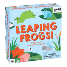 A board game box for 'Leaping Frogs' featuring colorful illustrations of frogs, a lily pad, and game components like point tokens and a gameboard.