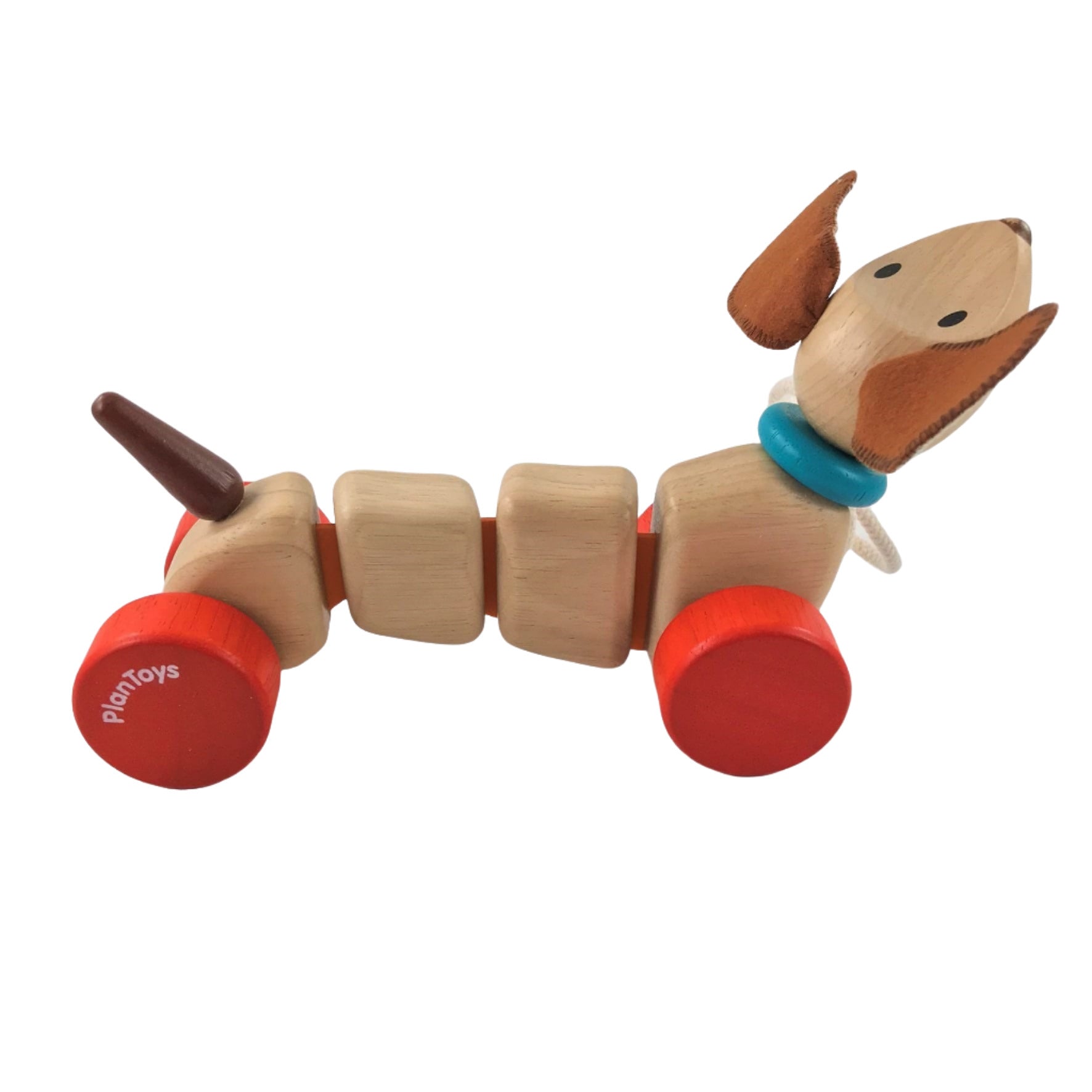 Natural wood wheel along puppy dog with red wheels and brown felt ears