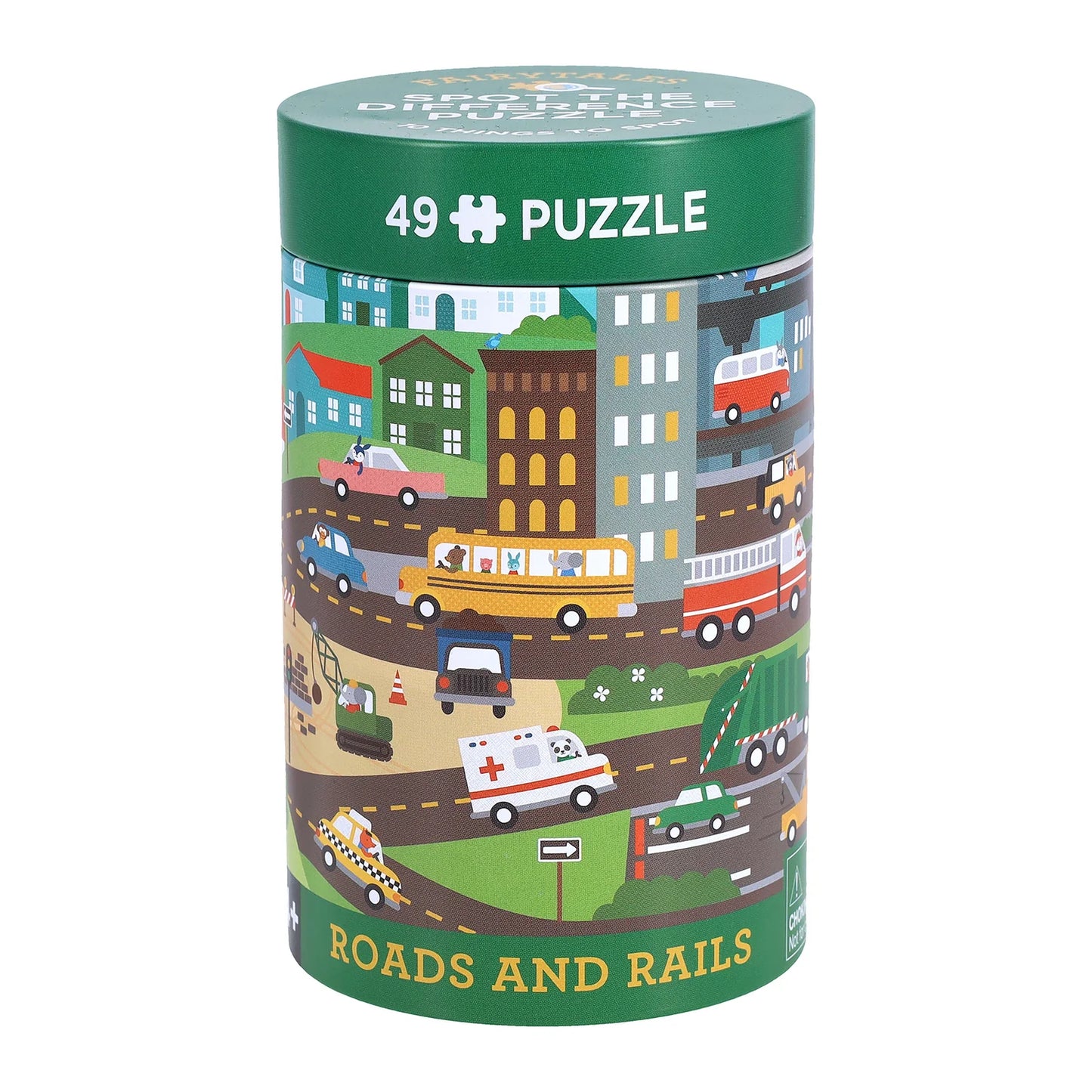 Puzzle box with illustrations of vehicles and buildings on a white background
