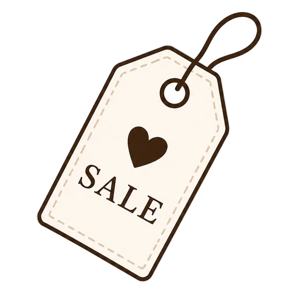 Beige sale tag with a heart symbol on a white background