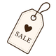 Beige sale tag with a heart symbol on a white background