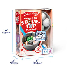 Melissa & Doug Stove-Top play set packaging with dimensions on a white background