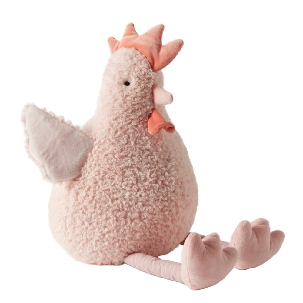 Large pink plush toy chicken with a soft texture on a white background