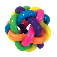 A colorful spaghetti ball toy made up of many different colored plastic rings linked together.