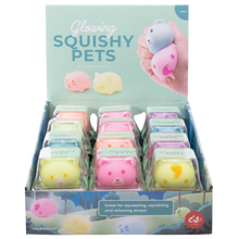 A box containing multicolored squishy pets in the shapes of a unicorn, cat, dog, and bear, with the text 'Glowing Squishy Pets' on the top and 'Great for squishing and relaxing!' on the packaging.