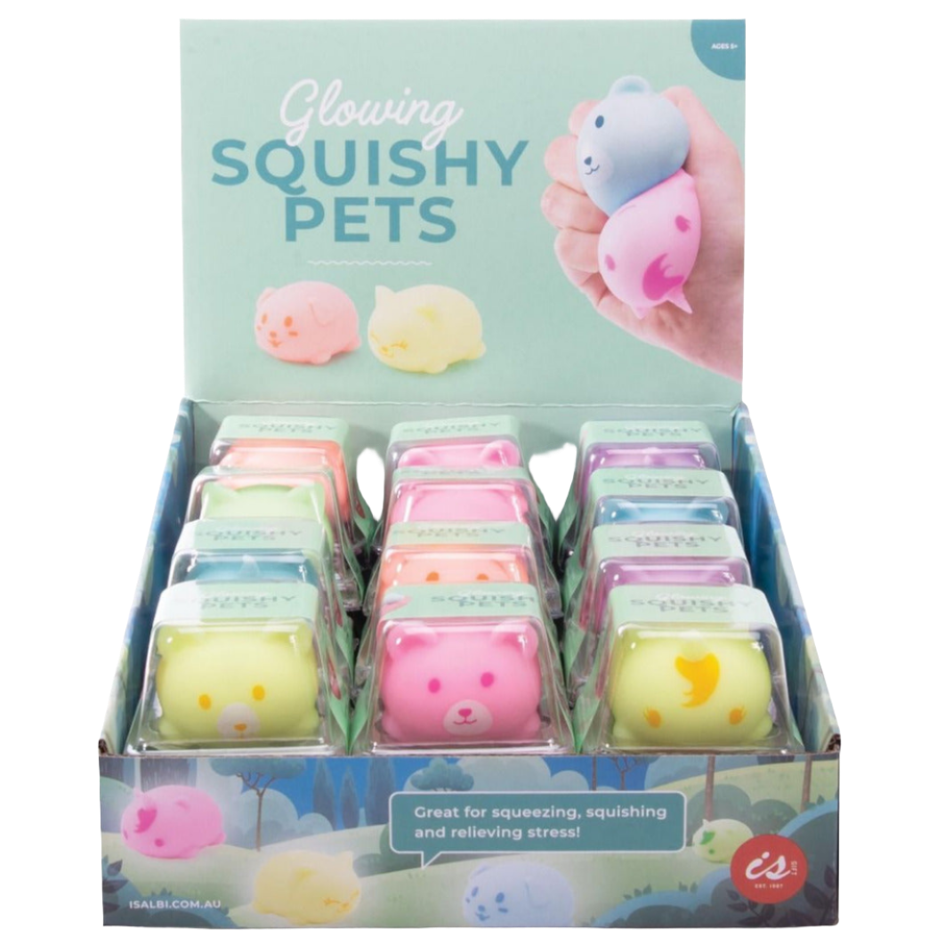A box containing multicolored squishy pets in the shapes of a unicorn, cat, dog, and bear, with the text 'Glowing Squishy Pets' on the top and 'Great for squishing and relaxing!' on the packaging.