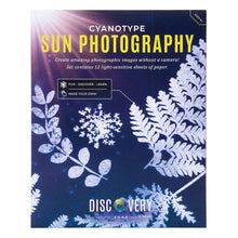 Packaging for 'Cyanotype Sun Photography' kit by Discovery Zone, featuring images of plant leaves and a solar flare, indicating the use of sunlight for printing.