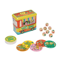 Taco-themed game set with tin, cards, and dice on a white background
