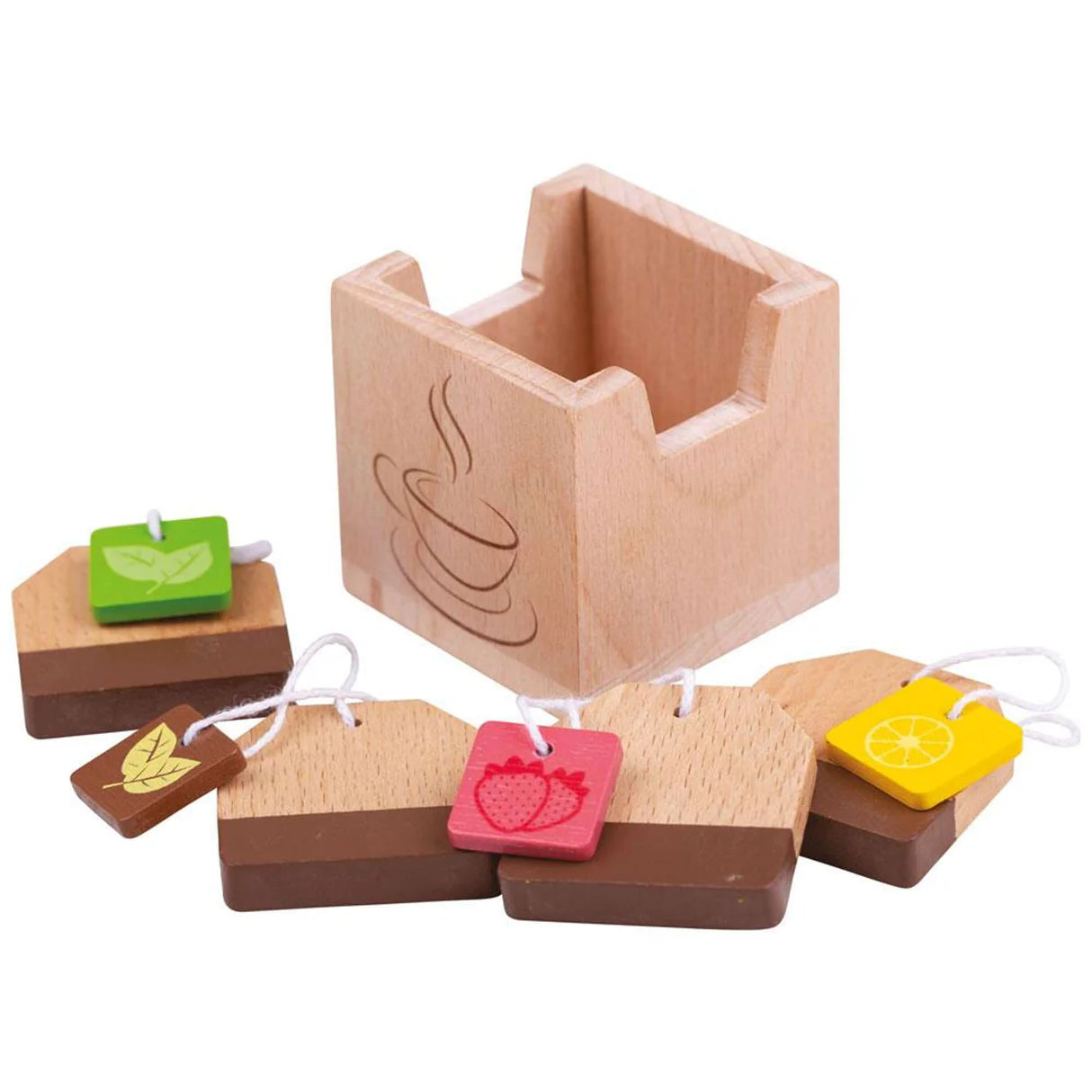 Set of wooden toy tea bags with a stand on a white background