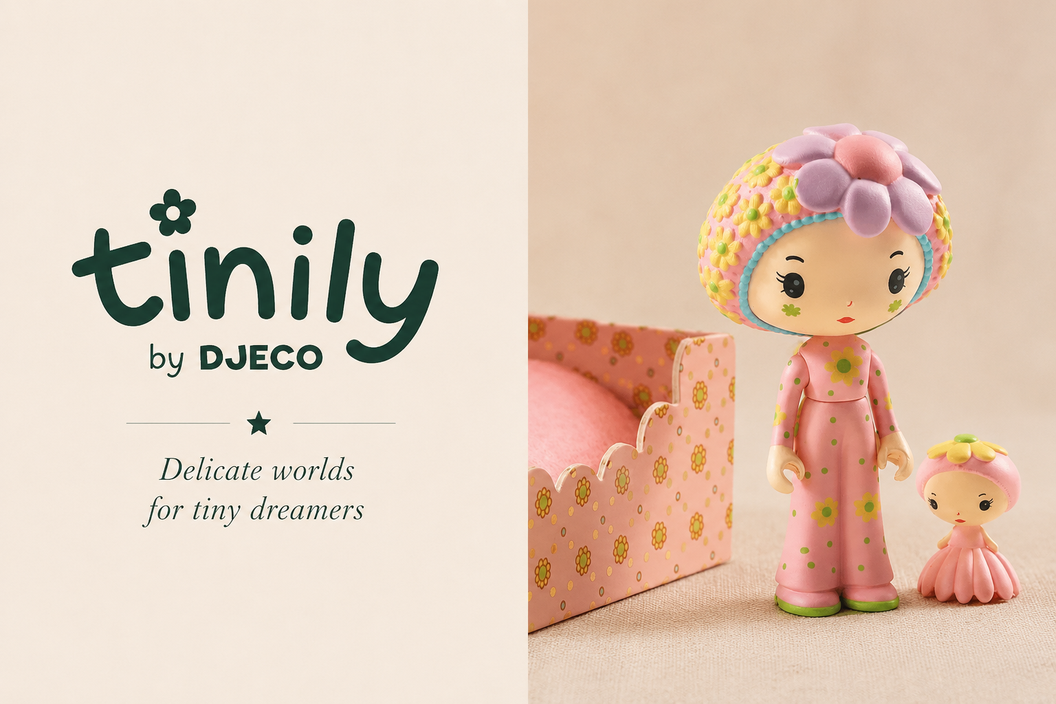 Toy figure with a matching smaller figure, branded 'tinily by Djeco' on a beige background.