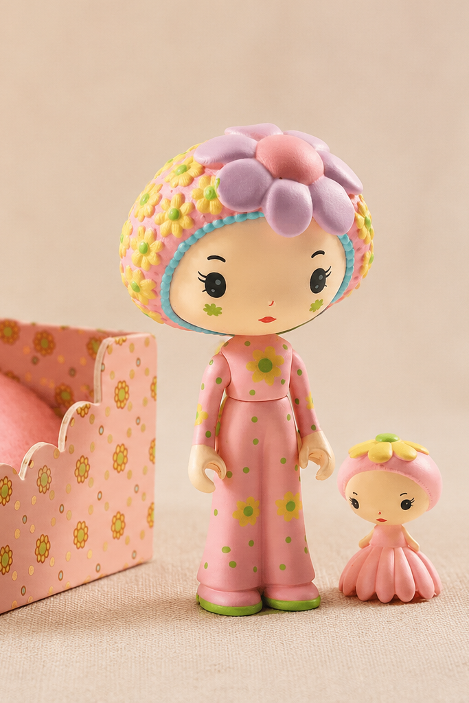Two colorful dolls with floral hats on a beige background