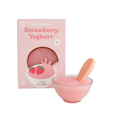 Dolls pretend play food Pink strawberry yogurt with a spoon and packaging on a white background