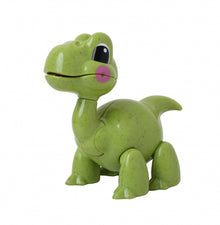 A green Brontosaurus toy with a smiling face, moveable head, tail, and legs from the First Friends collection by Tolo.