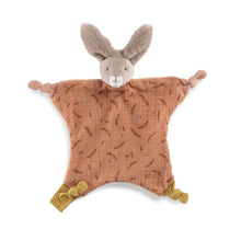 Moulin Roty clay rabbit comforter with botanical print and knotted corners