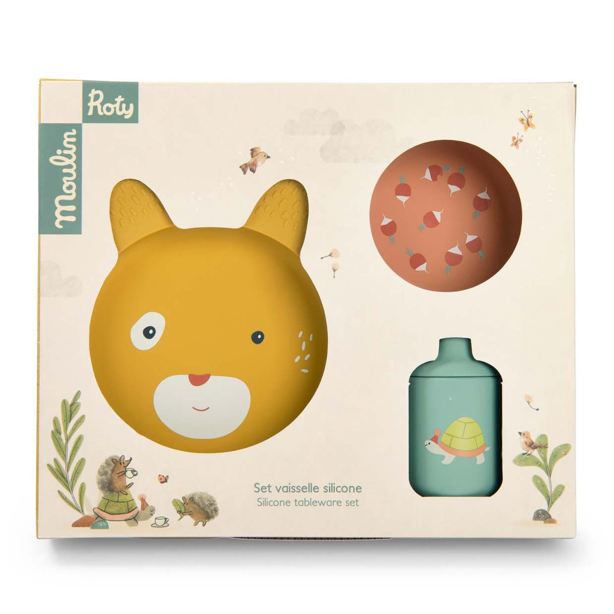 Moulin Roty Trois Petits Lapins silicone tableware set in its gift box