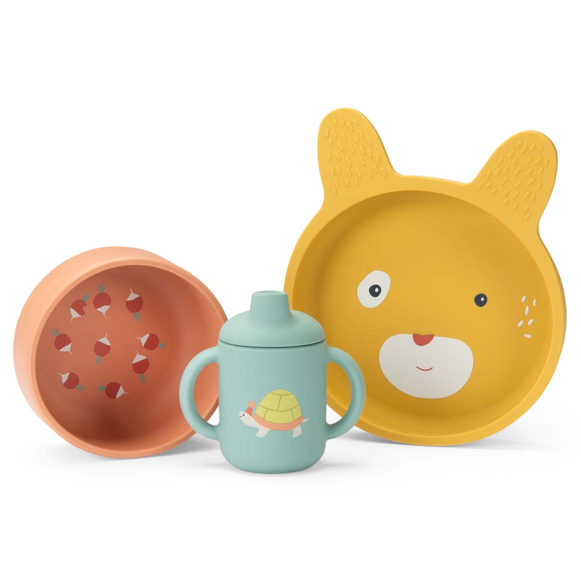 Trois Petits Lapins silicone plate, bowl and lidded cup by Moulin Roty