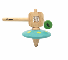 A wooden spinning top with a handle and a rubber wood UFO-shaped base.
