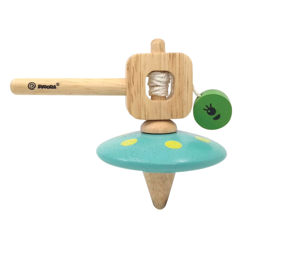 A wooden spinning top with a handle and a rubber wood UFO-shaped base.
