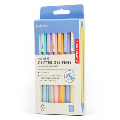 Kikkerland Glitter Gel Pens six-piece set packaging