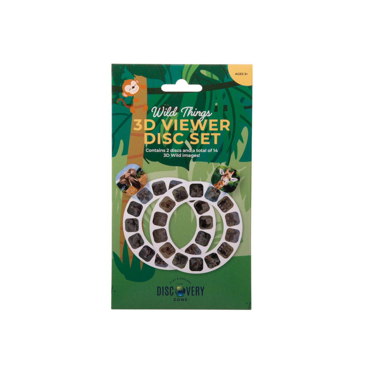 Discovery Zone Wild Things 3D Viewer Disc Set in retail display, showing two discs