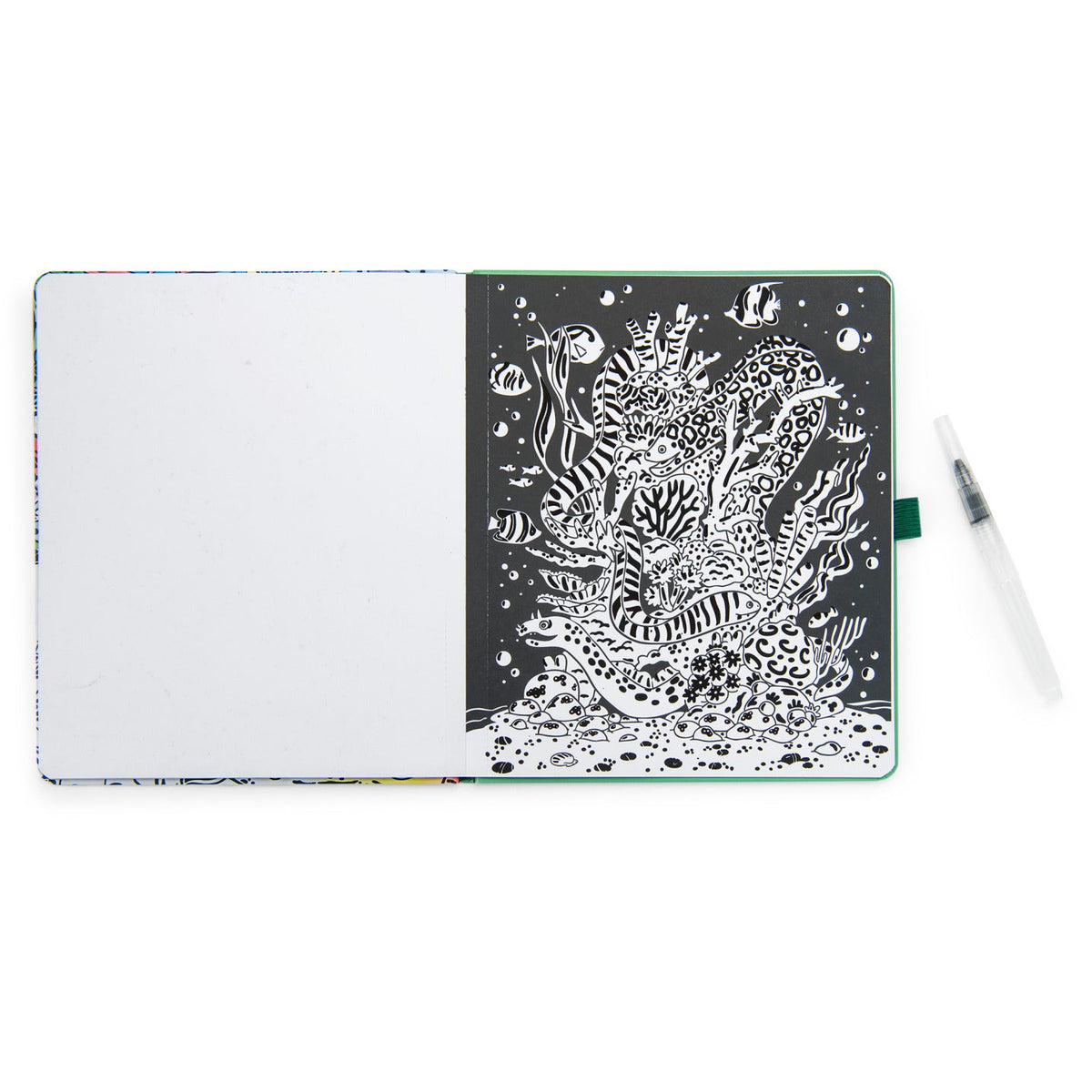 Watercolour colouring book pages and water brush