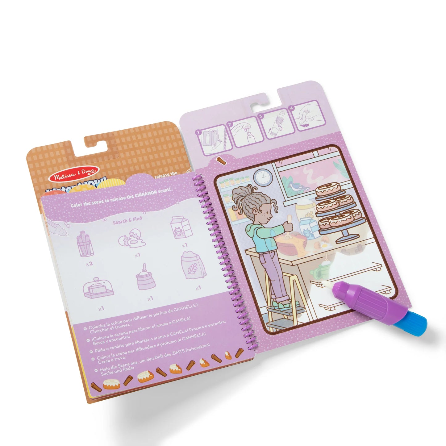 Children's activity book with a character drawing and a marker on a white background