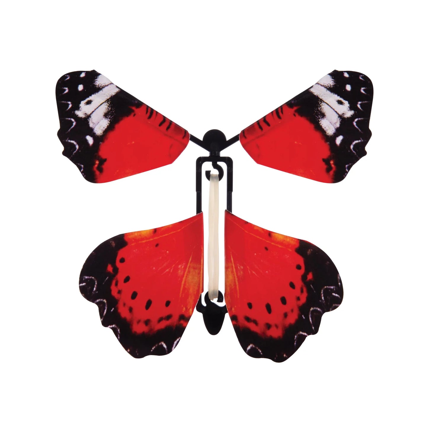 A windup butterfly featuring vibrant red, black, and white patterned wings, shown against a solid white background.