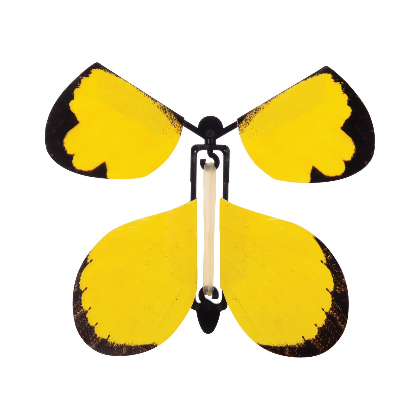 A wind-up butterfly with bright yellow wings and black edging, attached to a black body with a silver metal clasp, shown on a plain white background.