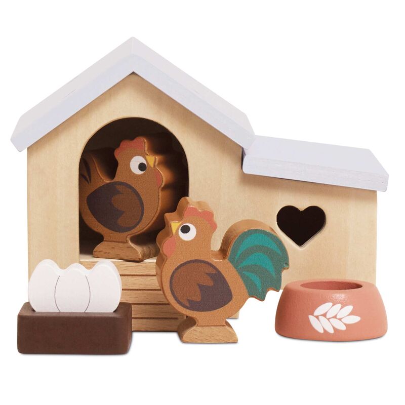 Wooden toy set with a chicken coop, rooster, eggs, and a feeder on a white background