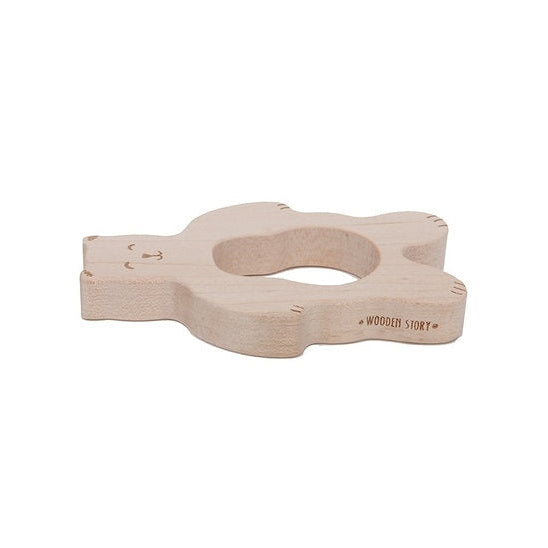 Wooden teething toy shaped like a bear a white background
